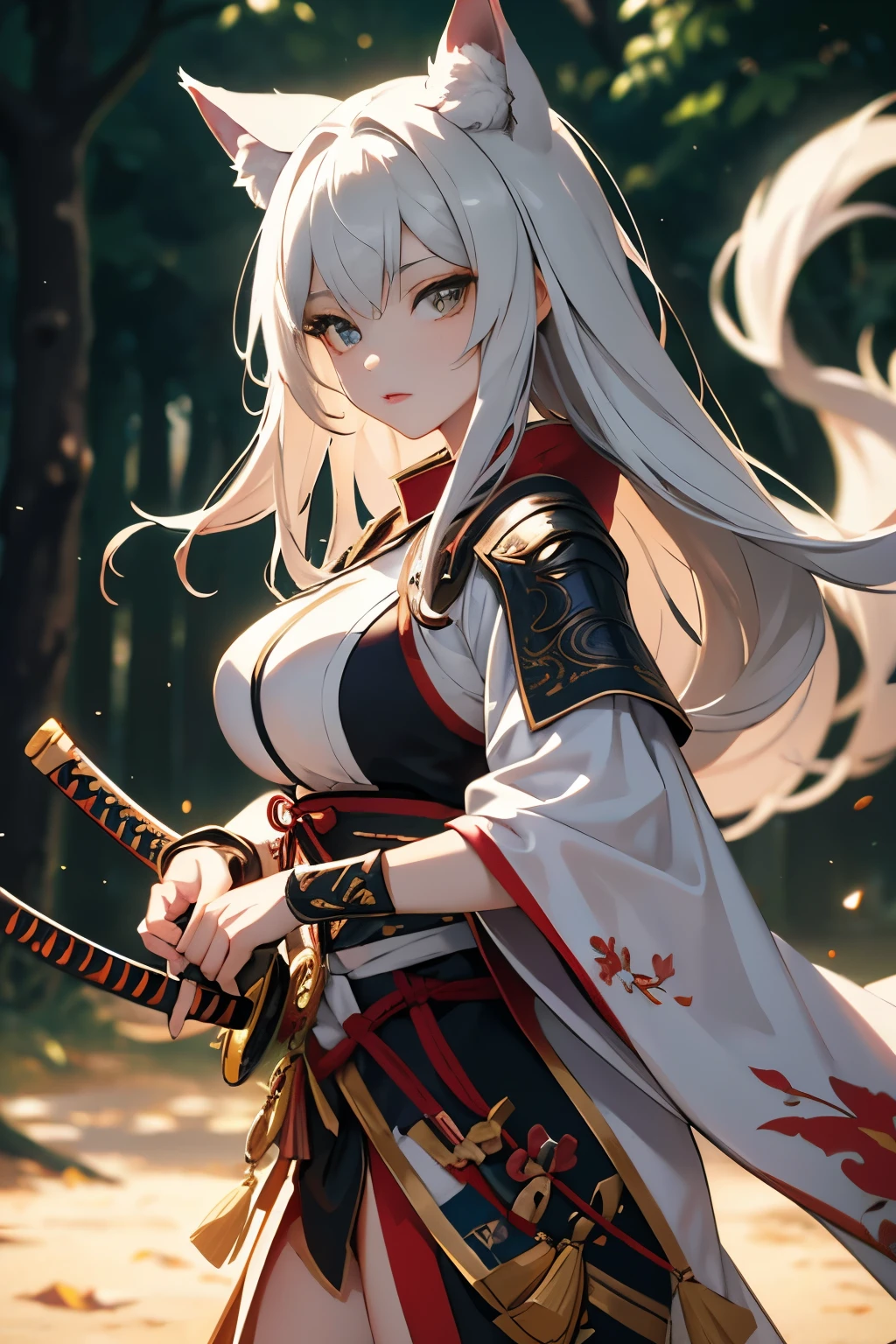 A wolf girl, age 20, wolf girl, standing, looking to the viewer , sandals ,samurai captain,beautiful detailed eyes,beautiful detailed lips,extremely detailed eyes and face,longeyelashes,(best quality,4k,8k,highres,masterpiece:1.2),ultra-detailed, extreme detail description,professional, bokeh,portraits, anime,sci-fi,photography,concept artists,colorful palette,gentle sunlight, fullbody shot, holding a katana 