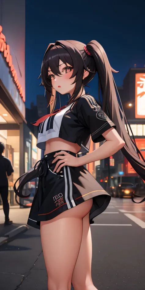 masterpiece, best quality, HuTaoV4, 1girl, solo, blush, twintails, long hair, hair between eyes, ((streetwear clothes)), city, outdoors, night, movie poster, extremely detailed 8K, smooth, high resolution, ultra quality, cinematic lighting, ambient occlusi...