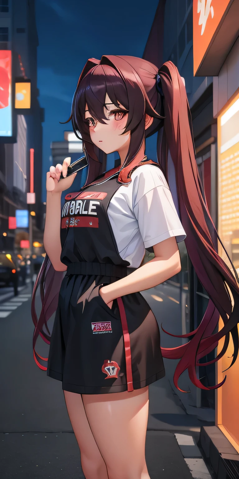 masterpiece, best quality, HuTaoV4, 1girl, solo, blush, twintails, long hair, hair between eyes, ((streetwear clothes)), city, outdoors, night, movie poster, extremely detailed 8K, smooth, high resolution, ultra quality, cinematic lighting, ambient occlusion, hd, 2k, 4k, 8k, 16k, extremely detailed anime, detailed faces, perfect composition, wide shot, atmospheric lighting, 