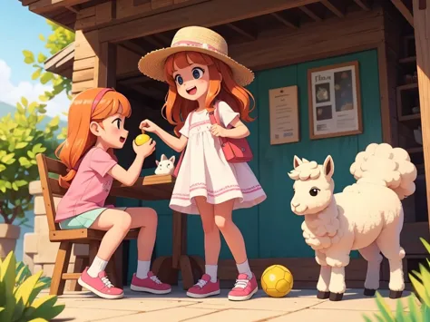 an alpaca playing with a girl