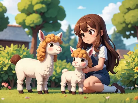 an alpaca playing with a girl