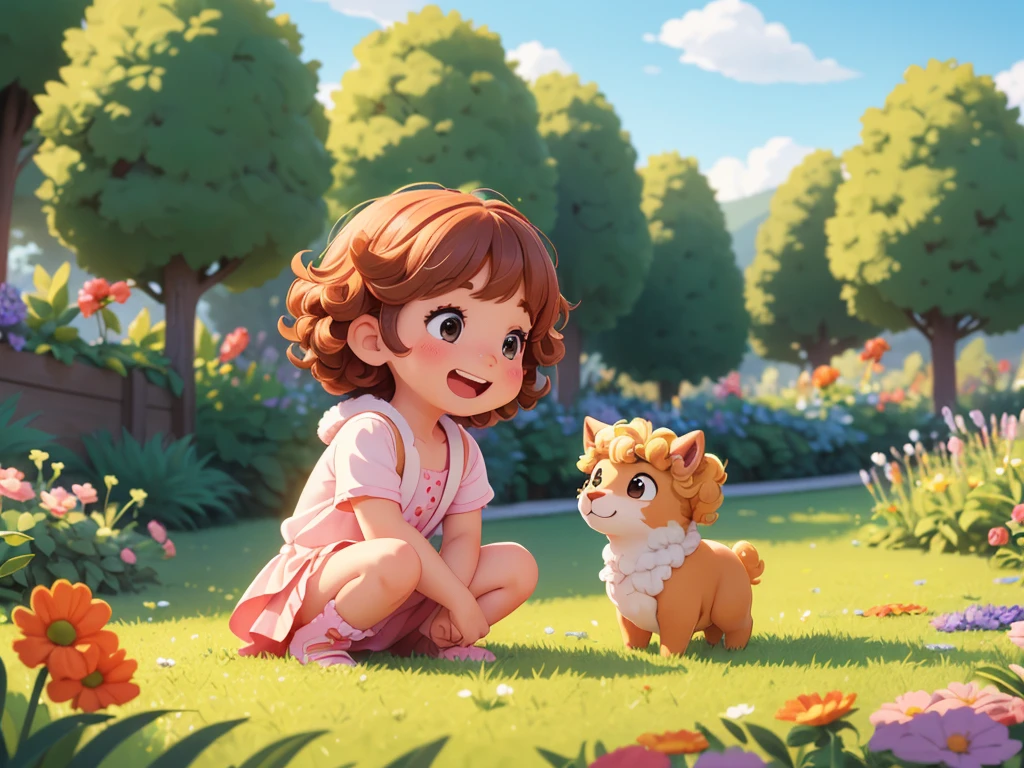 (best quality,4k,8k,highres,masterpiece:1.2),ultra-detailed,(realistic,photorealistic,photo-realistic:1.37),alpaca,girl,playful interaction,soft fur,adorable animal,joyful atmosphere,fuzzy and friendly appearance,sunlit garden,green grassy field,colorful flowers,bright blue sky,cute expression,curly and fluffy fleece,natural scenery,carefree laughter,stubby little legs,endearing charm,beautifully composed,artistic rendering,vivid colors,natural lighting,harmonious composition,blissful moment,intimate connection,memorable encounter,delicate brushwork,lifelike depiction.