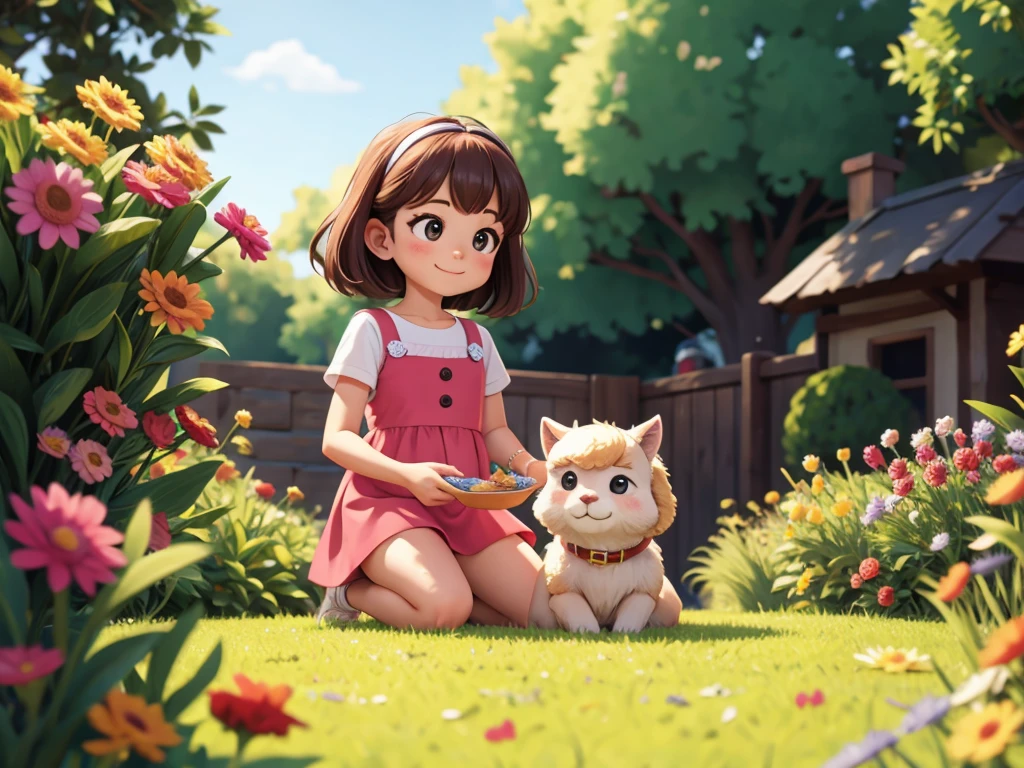 (best quality,4k,8k,highres,masterpiece:1.2), ultra-detailed, realistic, alpaca, girl, playing with, cute, joyful, natural lighting, peaceful garden, colorful flowers, soft fur, gentle expression, happy atmosphere, vibrant colors