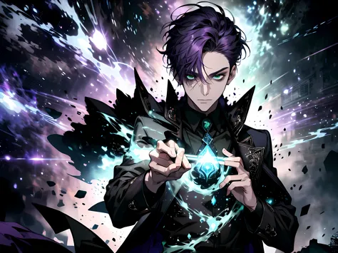 Solo, Male, masterpiece, highres, short hair, violet hair, green eyes, black and white shirt, magician, magic particles, entropy