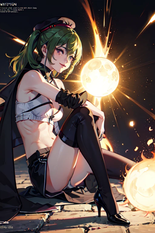 ubel,((ubel of Frieren: Beyond Journey's End )),dark green hair,long hair,side ponytail,hair between eyes,bangs, BREAK (beret, black jacket, open clothes, cleavage, midriff, black shorts, black thighhighs, thigh strap, fingerless gloves, single glove:1.2) , (dynamic angle:1.3, front view:1.1, breast focus:1.3, from below:1.2), (dynamic posing:1.5, sexy posing:1.2, leaning forward), (seductive smiling:1.3),(*K) HD, highest quality, WorKs of masters, High resolution, spread legs, panties shot,1 girl, small nose,(with sparkling eyes and a contagious smile), very beautiful detailed face and eyes, bright colors, cute face, delicate beautiful face, Bright magenta eyes, cute eyes, sparkling eyes, Big eyes, (big breasts:1.3), (perky chest:1.1), (pointed chest:1.0), medium hips, glamorous body, white skin, smile, thin pubric hair, shiny hair, super beautiful face, Super beautiful eyes, Super beautiful hair，trendy outfit，magazine cover，sexy and attractive，explosion of colors，big hairpin，full body esbian，illegal occupation, Real World, Natural light,perfect Natural light,looking at viewer,
