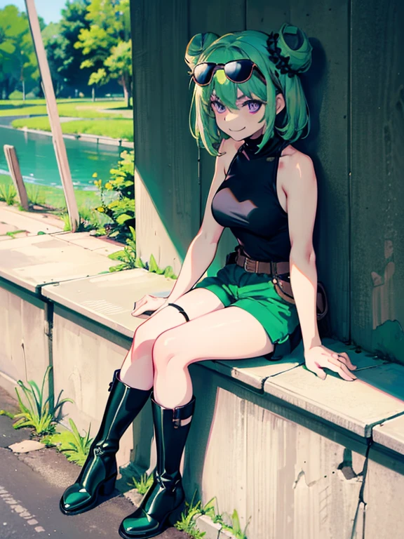 (highres), (best quality), (detailed) 1 girl, alone, medium hair, pastel green hair, twin buns, evil smile, violet eyes, round black sunglasses on head, black sleeveless turtleneck top, green shorts, dark brown boots, day time, abandoned place, wall, provoking pose