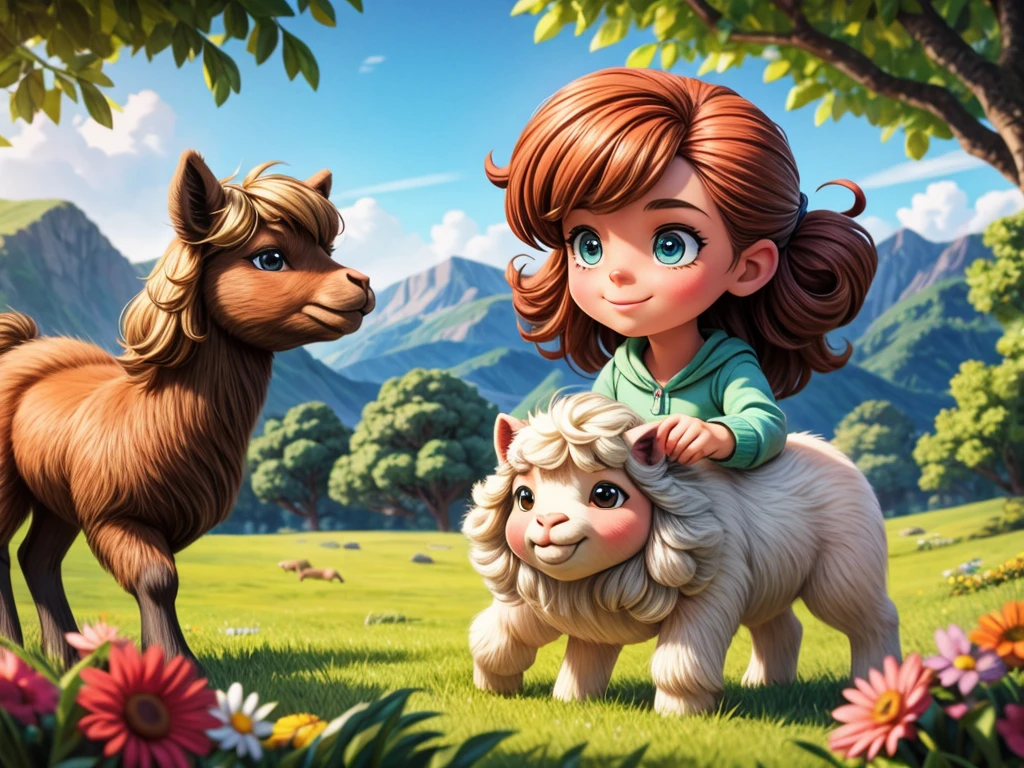 best quality,4k,8k,highres,masterpiece:1.2,ultra-detailed,realistic,photorealistic:1.37,girl riding an alpaca,beautiful detailed eyes,beautiful detailed lips,extremely detailed face,long eyelashes,soft and fluffy fur of the alpaca,green grassy field,clear blue sky,joyful expression on the girl's face,flowing hair,gentle breeze,playful interaction between the girl and the alpaca,cute and colorful saddle,peaceful and harmonious atmosphere,scenic landscape in the background,lively and vibrant colors,soft sunlight casting a warm glow over the scene