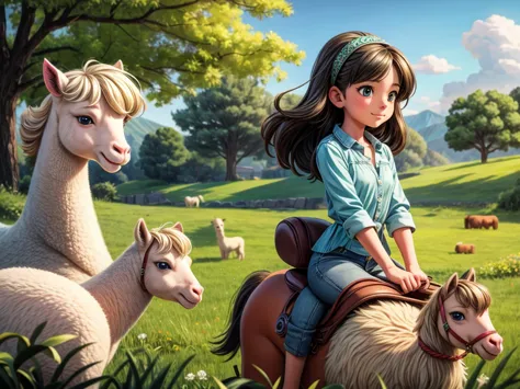 best quality,4k,8k,highres,masterpiece:1.2,ultra-detailed,realistic,photorealistic:1.37,girl riding an alpaca,beautiful detailed...
