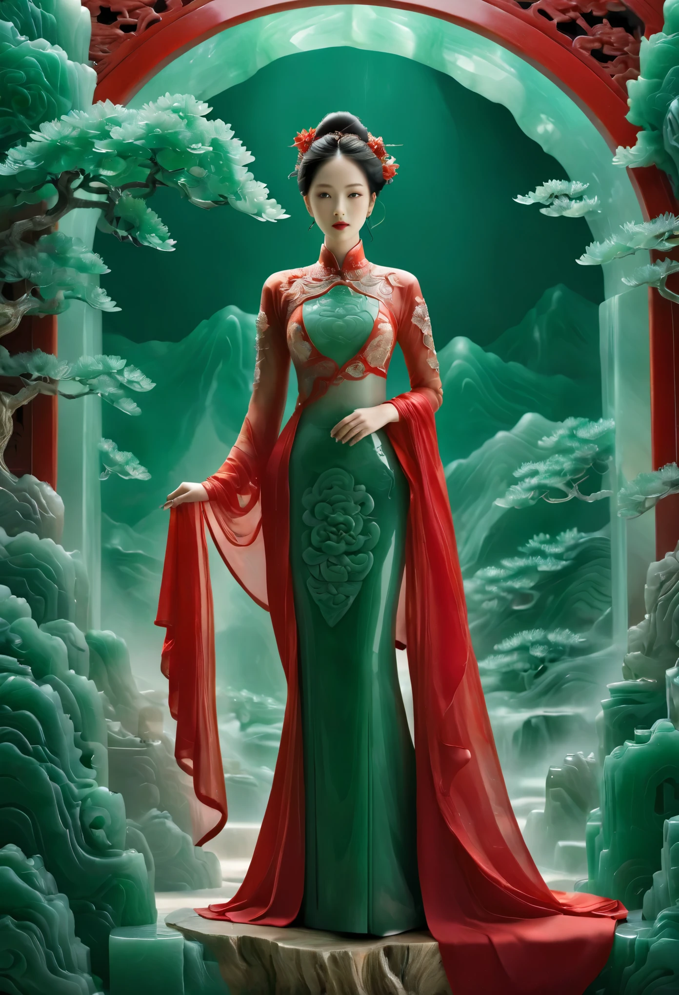 Beautiful face，White jade-like skin，Jade Hair，Ruby Tiara