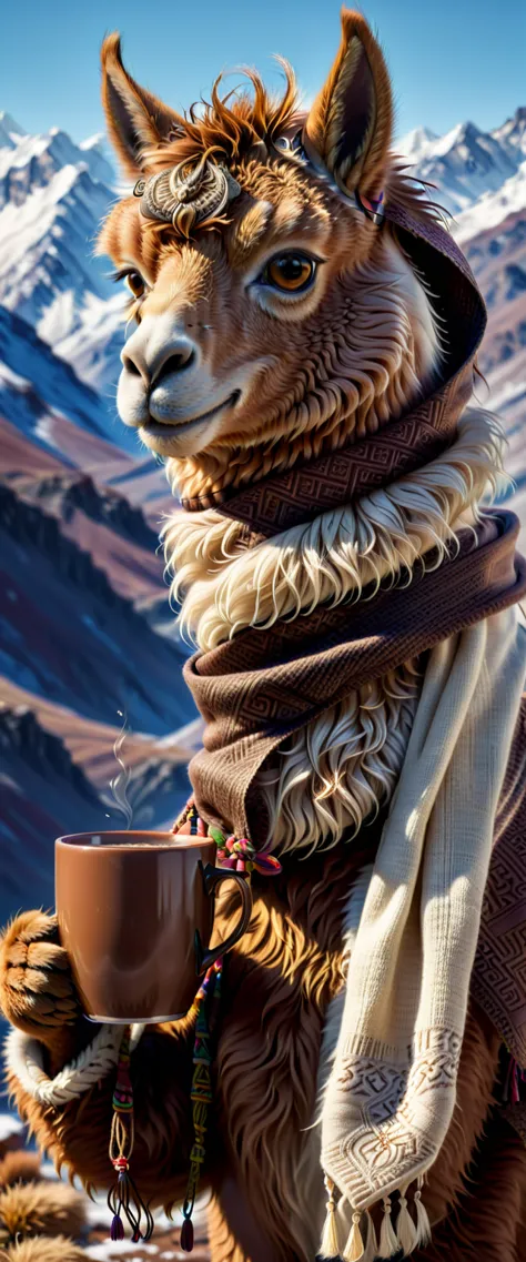 una alpaca en los andes, with a scarf around the neck, borro de invierno en la cabeza, tomando una taza de chocolate:1.5, realis...