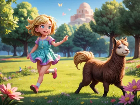 a girl riding on an alpaca, running through a vibrant meadow, with flowing golden hair, wearing a colorful flowing dress, joyful...