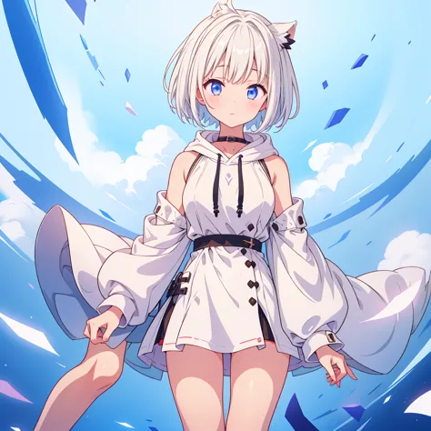 1girl、milky white short hair、a simple long hoodie、rib knit cuffs and hem、vtuber-fullbody、