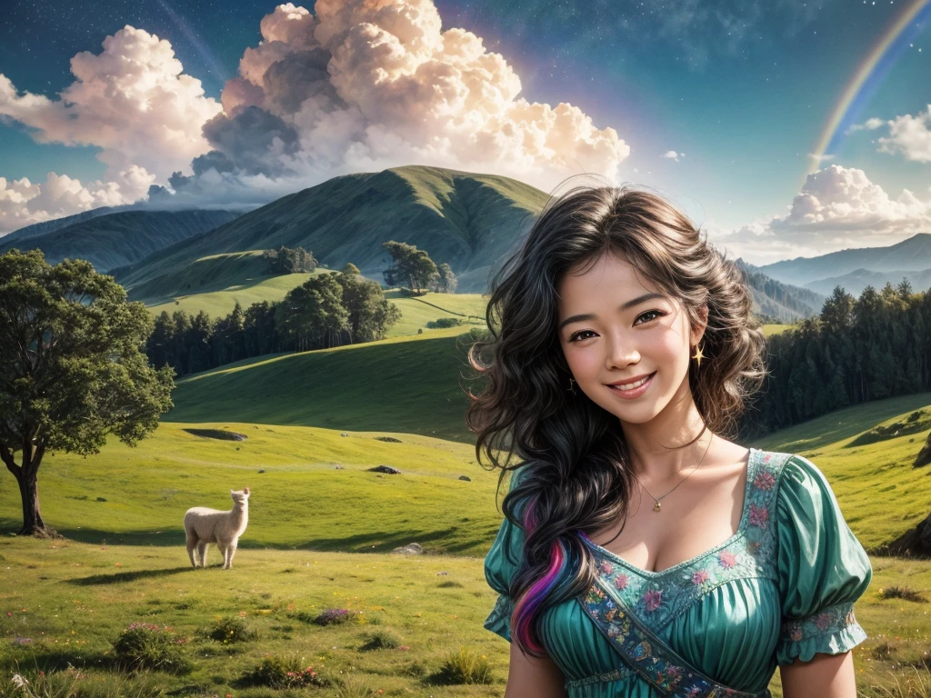 (best quality,4k,8k,highres,masterpiece:1.2),ultra-detailed,(realistic,photorealistic,photo-realistic:1.37),portrait,landscape,colorful lighting,childish,funny,whimsical,dreamy,storybook-goes-wild,fantastic,colorful dreams,flying in the sky,magical sky,airy,floating,beautiful detailed eyes,beautiful detailed lips,happy face expression,long eyelashes,curly hair,lively and joyous pose,vibrant-colored alpaca with soft wool,rainbow-colored saddle,fluffy clouds,sparkling stars,smiling sun,green grass,blissful surroundings,sunlight filtering through the clouds,joyful spirit,cheerful atmosphere,exploring new horizons.displaying a warm connection between the girl and the alpaca, endless possibilities, adventure and freedom, mystical encounter, playful and harmonious companionship, bright and vivid color palette, enchanting and lively scene, filled with imagination and wonder.