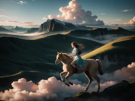 A girl riding an alpaca, flying in the sky, (best quality, 4k, highres, masterpiece:1.2) with a sense of adventure and freedom, ...