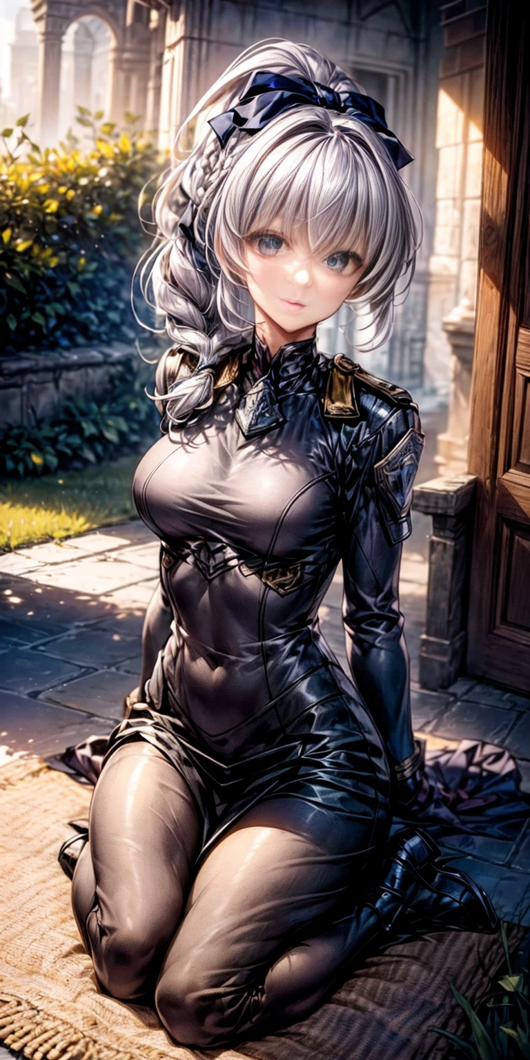 (masterpiece),(best quality),(ultra-detailed), (full body:1.2), cute, cubby, ponytail, full body, chibi,pvc, best quality, 1girl, solo, dark armored dress, dark sword,dark gauntlets, (sitting on carpet), (in garden), hair between eyes, black dress, breastplate, black armor, bangs, french braid, parted lips, puffy sleeves, long sleeves, short hair,( (beautiful detailed face), (beautiful detailed eyes) (Teletha Testarossa Full Metal Panic)