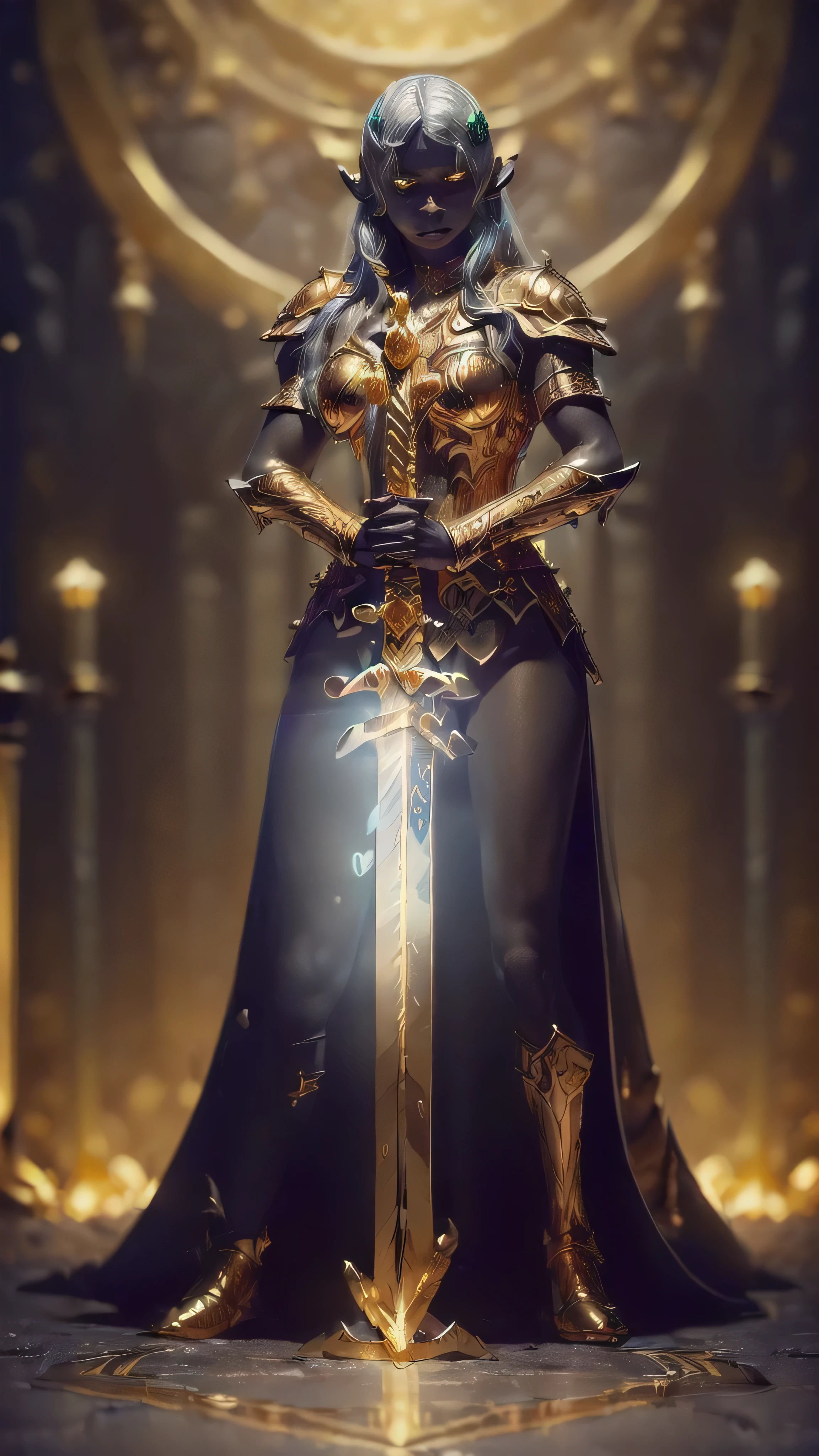 (masterpiece:0.8, best quality:1.5), intricate:1.3, (((((ONE gigantic golden sword, glowing, engraved)), underground shadow cavern, fujifilm, 8k, depth of field, bokeh))), kneeling paladin ((((drow)))) woman, medieval armor black chrome