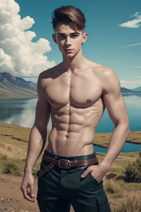 A cute young sexy twink man with an undercut in a fantasy setting. An adventurer and ranger. Very cute twink looking. In a good ...