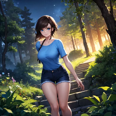 a woman, wearing a blue shirt, black denim shorts, short brown hair, blue eyes, smiling. in a park at night overlooking a forest...
