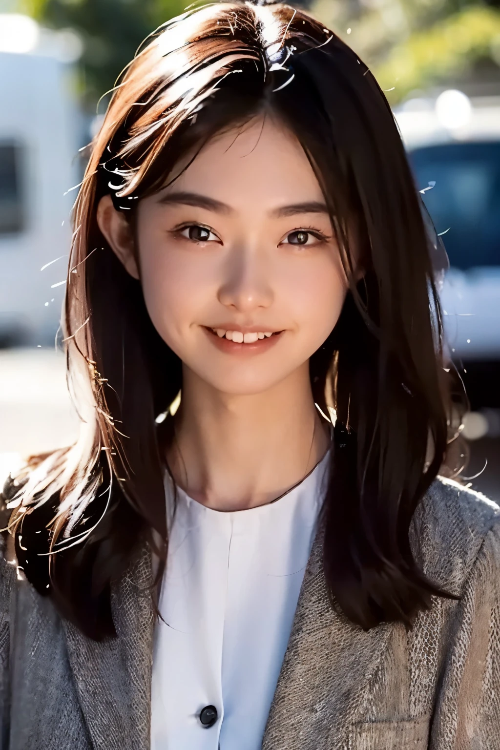 very detailed Cg Unity 8K wallpaper, highest quality, Very detailed, Looking at the camera:1.2, The light shines on your face:1.5, professional lighting, 20-year-old, woman, Japanese, Hairstyle: Long Hair, hair color: Black Hair, contour: Rounded, soft contour, eyebrow: naturally shaped thick eyebrows, eye: Big and clear double eyelids, nose: Small, upturned nose, mouth: Full lips and a bright smile, clothing: Elegant tweed suit and pearl accessories