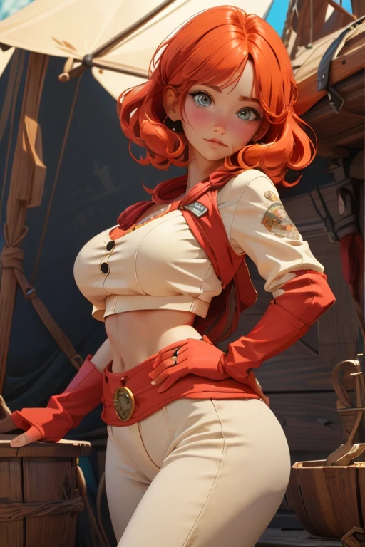 portrait of emilyrudd, nami, a woman, redhead,  short red hair, in a pirate ship, huge breasts, breasts larger than head, thick thighs, abs, large brasts, massive breasts, hyper breasts, bubble ass, bubble butt, (best quality:1.1), (masterpiece:1.4), (absurdres:1), (masterpiece), best quality, expressive eyes, perfect face, curvilienar waist, EnvyBetterHands LoCon, autonomically accurate,  