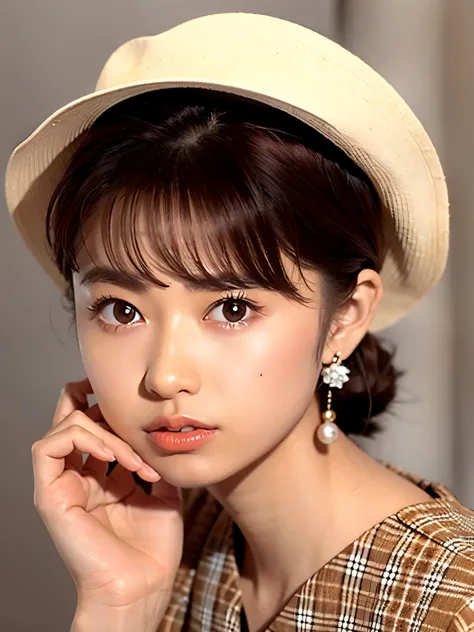 (ogawa noriko)、1girl, solo, looking at viewer, short hair, brown hair, hat, bow, brown eyes, jewelry, upper body, earrings, lips...