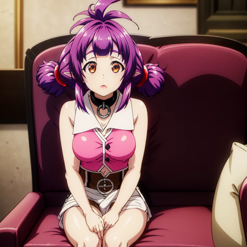 sitting at attention, sitting on couch, pink shirt, black tie, brown vest, sleeveless, purple hair, red eye, hair_ornament, twintails, hair_tie, 1 girl, 20yo, Young female, Beautiful,Beautiful long legs, Beautiful body, Beautiful Nose, Beautiful character design, perfect eyes, perfect face, expressive eyes, looking at viewer, (full_body),(Focus on her face), official art, extremely detailed CG unity 8k wallpaper, perfect lighting, Colorful, Bright_Front_face_Lighting,shiny skin, (masterpiece:1.0),(best_quality:1.0), ultra high res,4K,ultra-detailed, photography, 8K, HDR, highres, absurdres:1.2, Kodak portra 400, film grain, blurry background, bokeh:1.2, lens flare, (vibrant_color:1.2) (Beautiful,Large_Breasts:1.4), (beautiful_face:1.5),(narrow_waist)