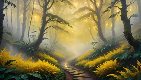(masterpiece:1.2, best quality, 8k, yellow fog), detailed oil painting, vibrant colors, surrealistic landscape, dreamlike atmosp...