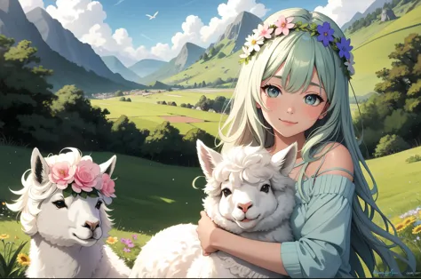 (best quality,highres,masterpiece),ultra-detailed,(realistic,photorealistic,photo-realistic), cute girl hugging a cute Alpaca, A...