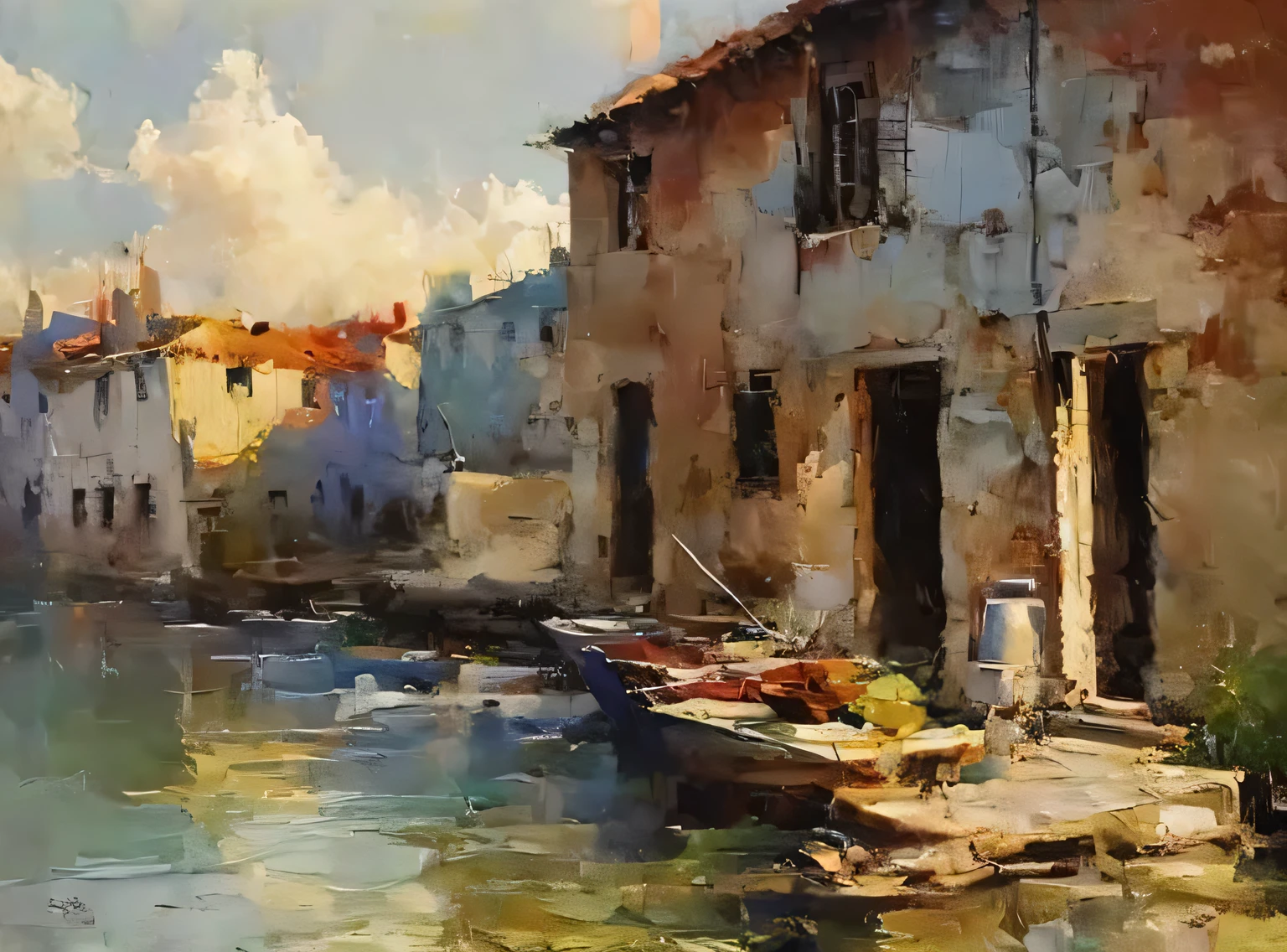 Pintura al óleo sobre lienzo, Impresionismo, Algunas casas pequeñas y pobres con algunos barcos.