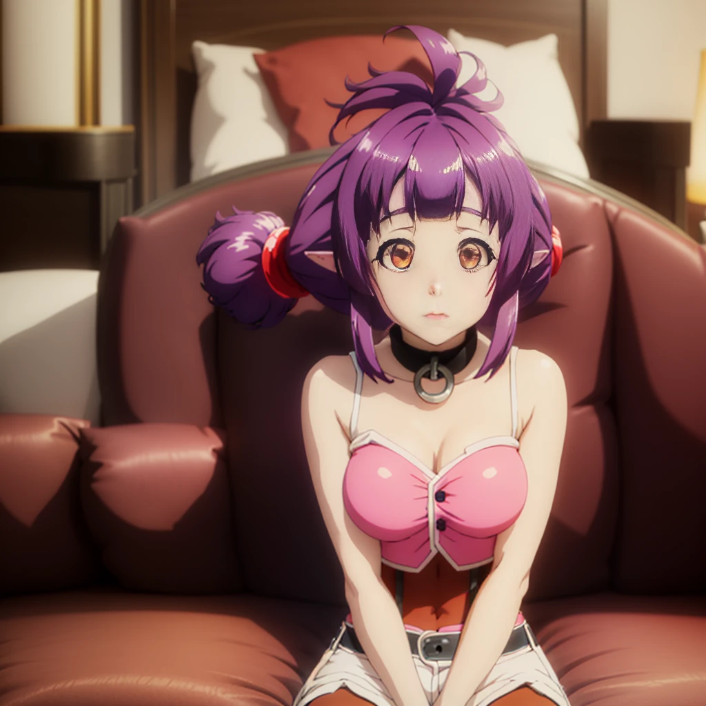 sitting at attention, sitting on couch, pink shirt, black tie, brown vest, sleeveless, purple hair, red eye, hair_ornament, twintails, hair_tie, 1 girl, 20yo, Young female, Beautiful,Beautiful long legs, Beautiful body, Beautiful Nose, Beautiful character design, perfect eyes, perfect face, expressive eyes, looking at viewer, (full_body),(Focus on her face), official art, extremely detailed CG unity 8k wallpaper, perfect lighting, Colorful, Bright_Front_face_Lighting,shiny skin, (masterpiece:1.0),(best_quality:1.0), ultra high res,4K,ultra-detailed, photography, 8K, HDR, highres, absurdres:1.2, Kodak portra 400, film grain, blurry background, bokeh:1.2, lens flare, (vibrant_color:1.2) (Beautiful,Large_Breasts:1.4), (beautiful_face:1.5),(narrow_waist)