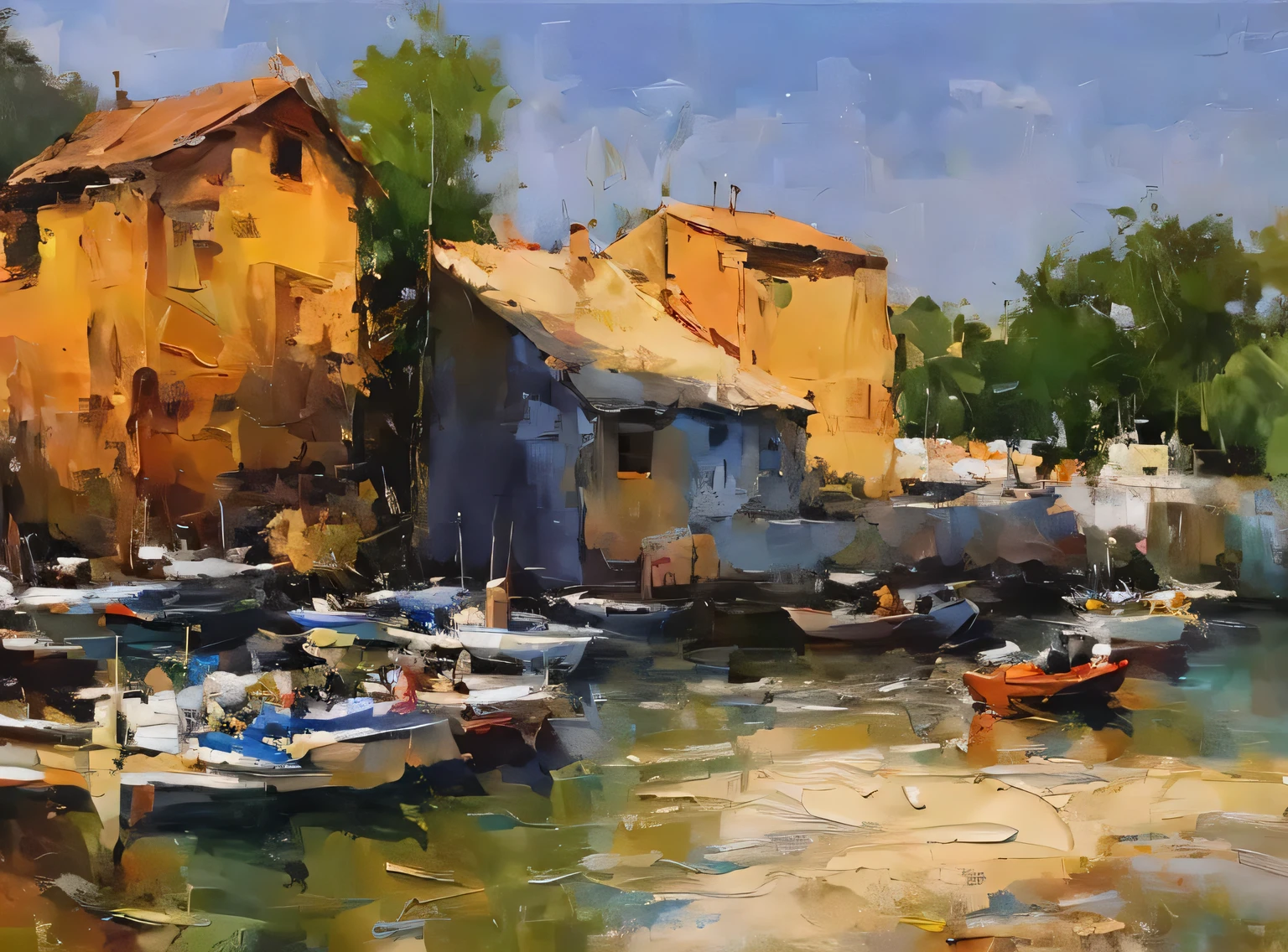 oil painting on canvas, impressionism, some small and poor houses with some boats, south Vietnam landscape