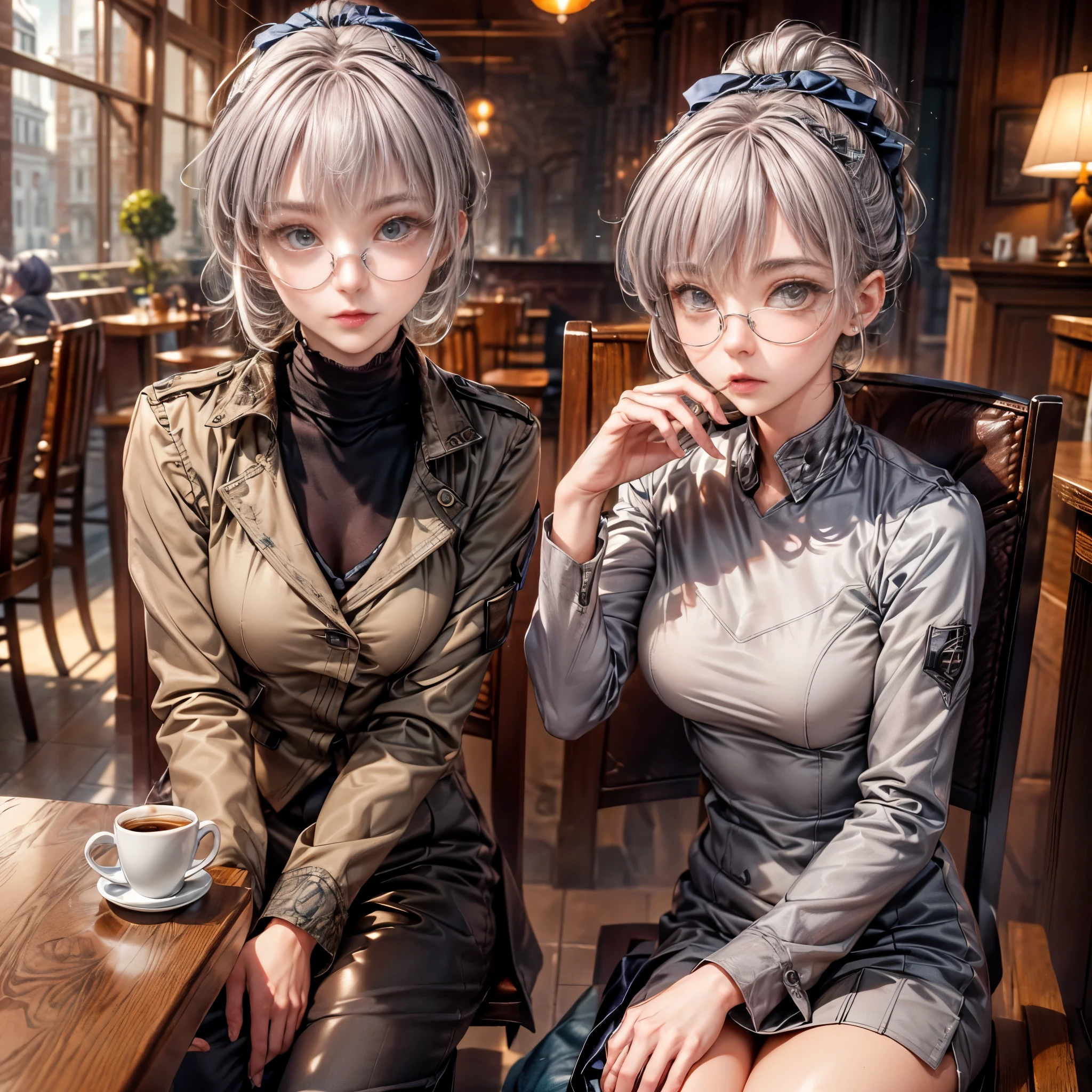 cinematic lighting, highly detailed skin,1 girl, highest quality, cyber punk, (dim color, soothing tone:1.3), (beautiful woman, detailed beautiful facial features, short white silver hair, grey eyes, glasses, slender body:1.3) (Glasses:1.5) break (white, silver, grey thick coat for winter:1.2), white silver knit tops, leather style tight pants (iron table) (sit on a chair, hot coffee at hand:1.3) morning, early morning, morning at work, eat breakfast at a café