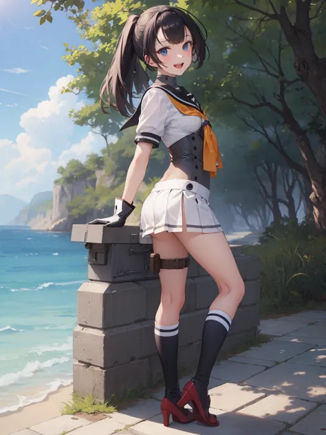 akizukikc, (akizuki) uniform, (black) hachimaki, (black) sailor collar, (yellow) neckerchief, (multicolored) gloves, (white) ple...