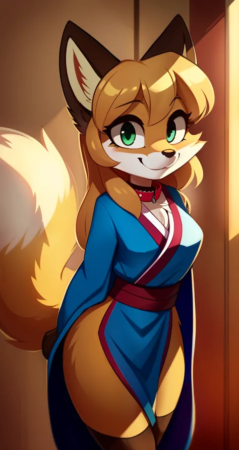 Nervous smiling, uploaded the e621, beautiful and detailed, woman (((female))) ((anthro)) Fox, (Averi, Fox girl), by waspsalad, ...