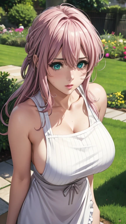  Large breasts, Cute girl, big sized breast, white apron, sleeveless, ultra realistic eyes , garden outside, pink cooler hair, bright green eyes, ultra realistic detailed eyes, innocent eyes, looking at camera, long hair,