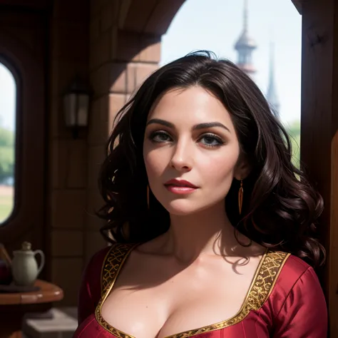 Masterpiece, best quality, detailed face, Mother Gothel, long red dress, brown hair, looking at viewer, sexy smirk, in a tower, ...