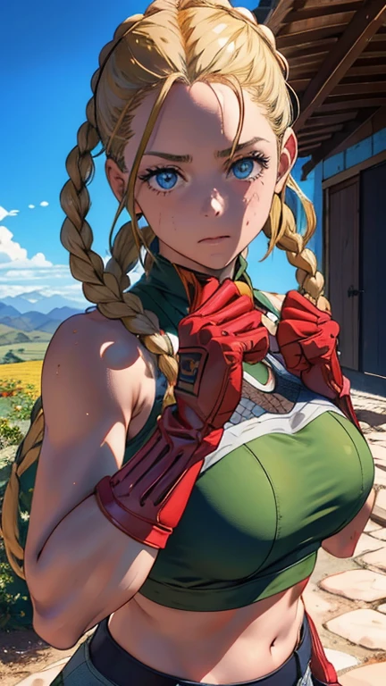 Masterpiece, Best Quality, High resolution, 1 girl, cammy blanco, twin braids, wide, by rubio, antenna hair, killed, (red hats:1.3), Blue eyes, scar on cheek, green leotard, big breasts, sleeveless, red gloves, Gloves without fingers, camouflage, cowboy shot, standing, outdoor, arms at the sides, straight,