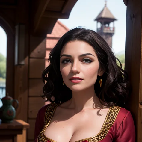 Masterpiece, best quality, detailed face, Mother Gothel, long red dress, brown hair, looking at viewer, sexy smirk, in a tower, ...