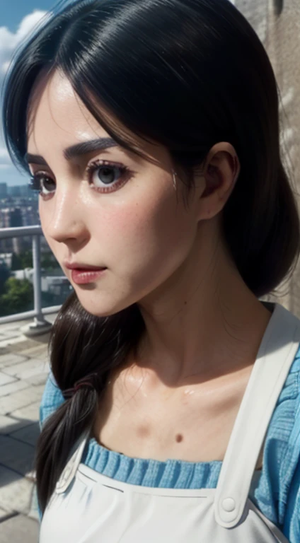 (day:1.7), a city with a lot of buildings and a sky background with clouds in the background and a blue sky, architecture,
Standing at attention, at the roof,
deep cleavage, collarbone, White apron,bare shoulders, 
black Hair,  brown eyes, Bangs, single braid, 
1 girl, 20yo,Young female,Beautiful Finger,Beautiful long legs,Beautiful body,Beautiful Nose,Beautiful character design, perfect eyes, perfect face,expressive eyes,
looking at viewer, in the center of the image,(Upper_body),(close-Up),(Focus on her face),
official art,extremely detailed CG unity 8k wallpaper, perfect lighting,Colorful, Bright_Front_face_Lighting,shiny skin, 
(masterpiece:1.0),(best_quality:1.0), ultra high res,4K,ultra-detailed,
photography, 8K, HDR, highres, absurdres:1.2, Kodak portra 400, film grain, blurry background, bokeh:1.2, lens flare, (vibrant_color:1.2)
(Beautiful,large_Breasts:1.4), (beautiful_face:1.5),(narrow_waist),