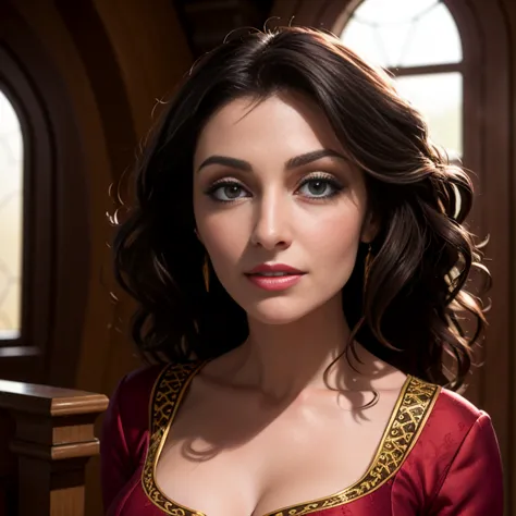 Masterpiece, best quality, detailed face, Mother Gothel, long red dress, brown hair, looking at viewer, sexy smirk, in a tower, ...