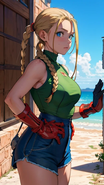 Masterpiece, Best Quality, High resolution, 1 girl, cammy blanco, twin braids, wide, by rubio, antenna hair, Red beret:1.3,  Blue eyes, scar on cheek, green leotard, big breasts, sleeveless, red gloves, Gloves without fingers, camouflage, cowboy shot, standing, outdoor, arms at the sides, straight,