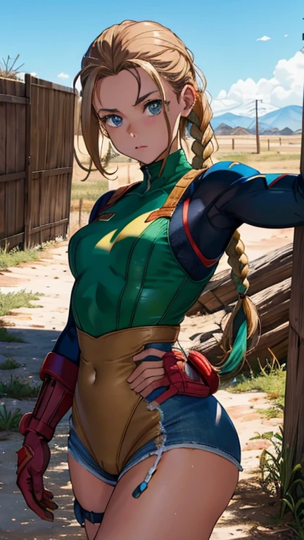 Masterpiece, Best Quality, High resolution, 1 girl, cammy blanco, twin braids, wide, by rubio, antenna hair, Red beret:1.3,  Blue eyes, scar on cheek, green leotard, big breasts, sleeveless, red gloves, Gloves without fingers, camouflage, cowboy shot, standing, outdoor, arms at the sides, straight,