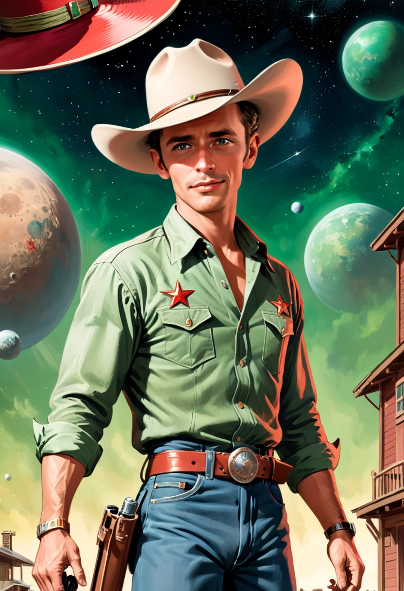 capa de quadrinhos, Capa de quadrinhos sobre cowboys espaciais, 1 incrível história do estilo do chapéu de cowboy, 1940s 1950s, vermelho e verde, Arte em quadrinhos, Cenas realistas, Dinâmica do Realismo Romantizado