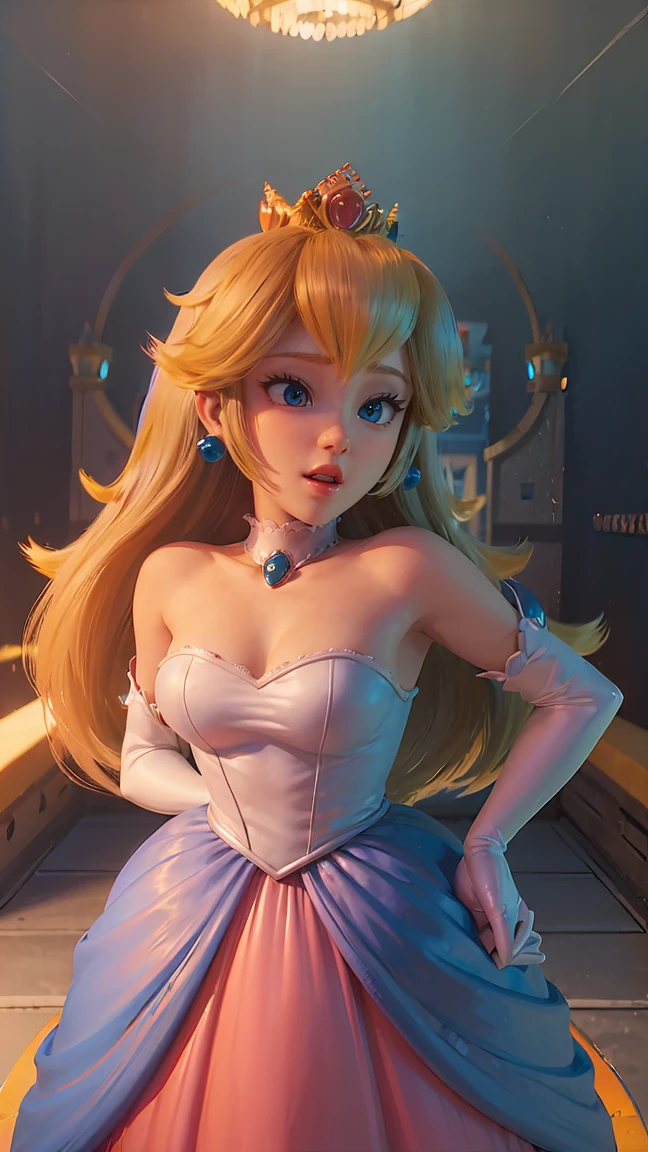 Princesa Peach \(Mario Bros\), (Ela tem grandes look likes azuis brilhantes), (Clear Skin), (Realistic skin), (Bright and pink lips), (((but long blonde and straight))), (The dark shadows make up), ((very huge breasts, rosa )), (thick thighs), (Perfect slim body), (corona), ((Sexy posing in princess peach&#39;s castle)), (master part, High Definition, Volumetric lights and dynamic part of Shadowmaster.)), (8k), (perfect face), (Ultra details) (perfect hands, look like, and face), ((sexy smile)),