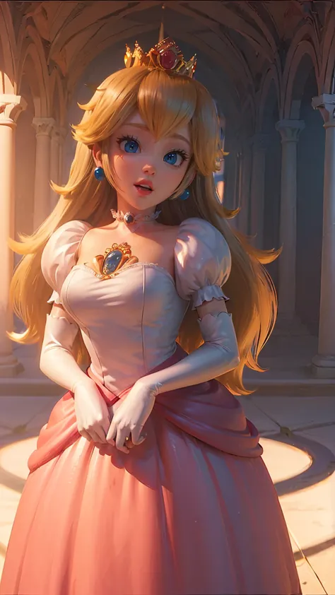 princesa peach \(mario bros\), (ela tem grandes ojos azuis brilhantes), (pele clara), (piel realista), (labios brillantes y rosa...