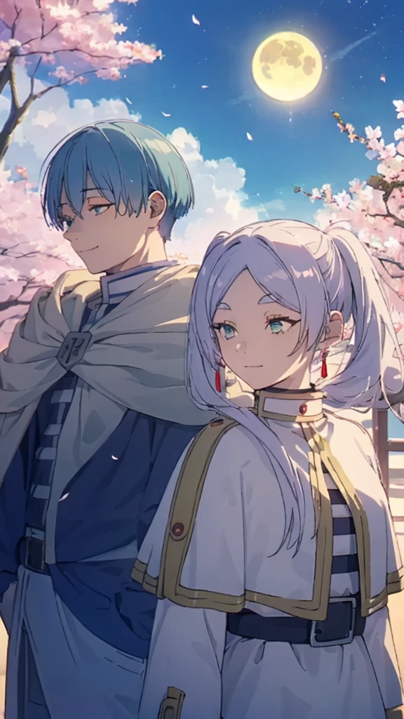 ((highest quality, super detailed girl and boy:1.4))BREAK,(girl is White hair,green eyes,shining eyes,((absurdly long twin tail)):1.3),BREAK,(boy is Blue hair,boy is short hair:1.3),BREAK,(boy and girl walking side by side:1.4),(landscape photography:1.3), (highly detailed background:1.2),(cherry blossoms, cherry blossom, midnight, moon:1.4),(total1 girl,total 1 boy,duo:1.3),(from side:1.3),(girl is expressionless:1.2),(boy is smile:1.2),(boy looking at girl:1.3),(girl is looking away:1.2)