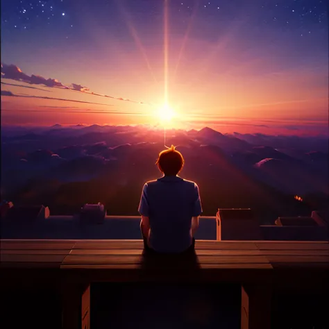 a boy siting in the edges of a clive looking at the sky with full of start, ultra realistic, anime art, wallpaper, 4k, 8k, 16k, ...