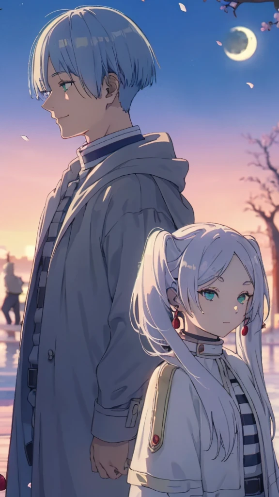 ((highest quality, super detailed girl and boy:1.4))BREAK,(girl is White hair,green eyes,shining eyes,((absurdly long twin tail)):1.3),BREAK,(boy is Blue hair,boy is short hair:1.3),BREAK,(boy and girl walking side by side:1.4),(landscape photography:1.3), (highly detailed background:1.2),(cherry blossoms, cherry blossom, midnight, moon:1.4),(total1 girl,total 1 boy,duo:1.3),(from side:1.3),(girl is expressionless:1.2),(boy is smile:1.2),(boy looking at girl:1.3),(girl is looking away:1.2)