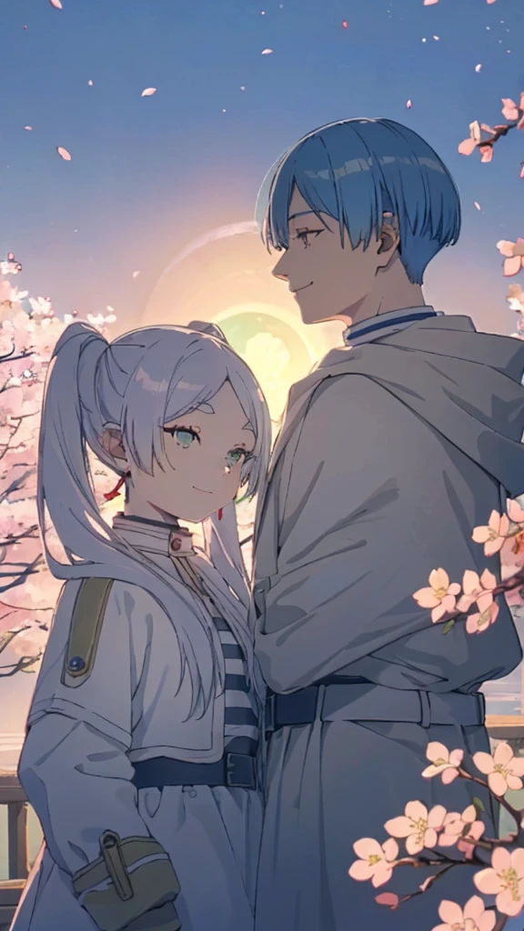 ((highest quality, super detailed girl and boy:1.4))BREAK,(girl is White hair,green eyes,shining eyes,((absurdly long twin tail)):1.3),BREAK,(boy is Blue hair,boy is short hair:1.3),BREAK,(boy and girl walking side by side:1.4),(landscape photography:1.3), (highly detailed background:1.2),(cherry blossoms, cherry blossom, midnight, moon:1.4),(total1 girl,total 1 boy,duo:1.3),(from side:1.3),(girl is expressionless:1.2),(boy is smile:1.2),(boy looking at girl:1.3),(girl is looking away:1.2)