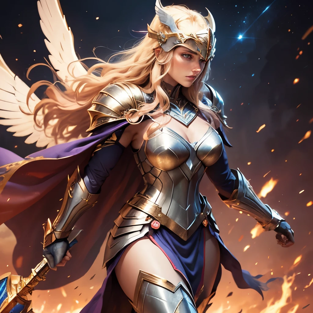 digital illustration of Thundra, the Asgardian hero, standing confidently in her deep blue/purple armor with gold trim inspired by Jack Kirby's designs. blonde hair. Capture the essence of her power as she commands thunder and lightning, with her cape resembling a star field. Include the (((Norse helm with gold wings))) and showcase her right hand covered in a heavy armored glove. cosmic background. deep v neck. stern expression, (best quality), (masterpiece), realistic, sharp, 8k, (helmet), (purple armor), valkyrie, (full body)
